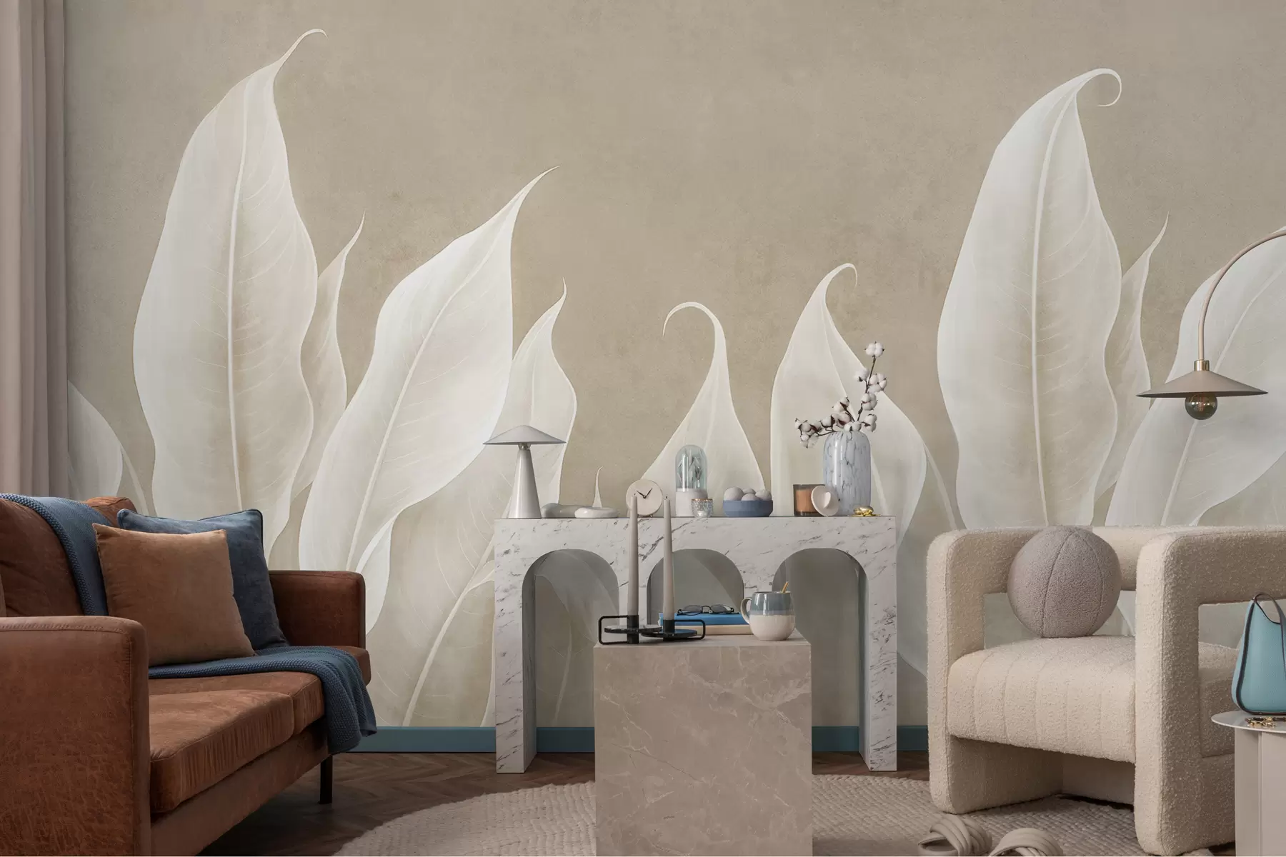 Fototapeedid suured valged lehed beežil taustal w01679