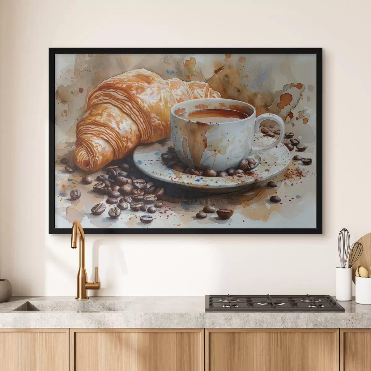 Plakat Croissant, hommik, croissant ja tass kohvi, akvarell f40782