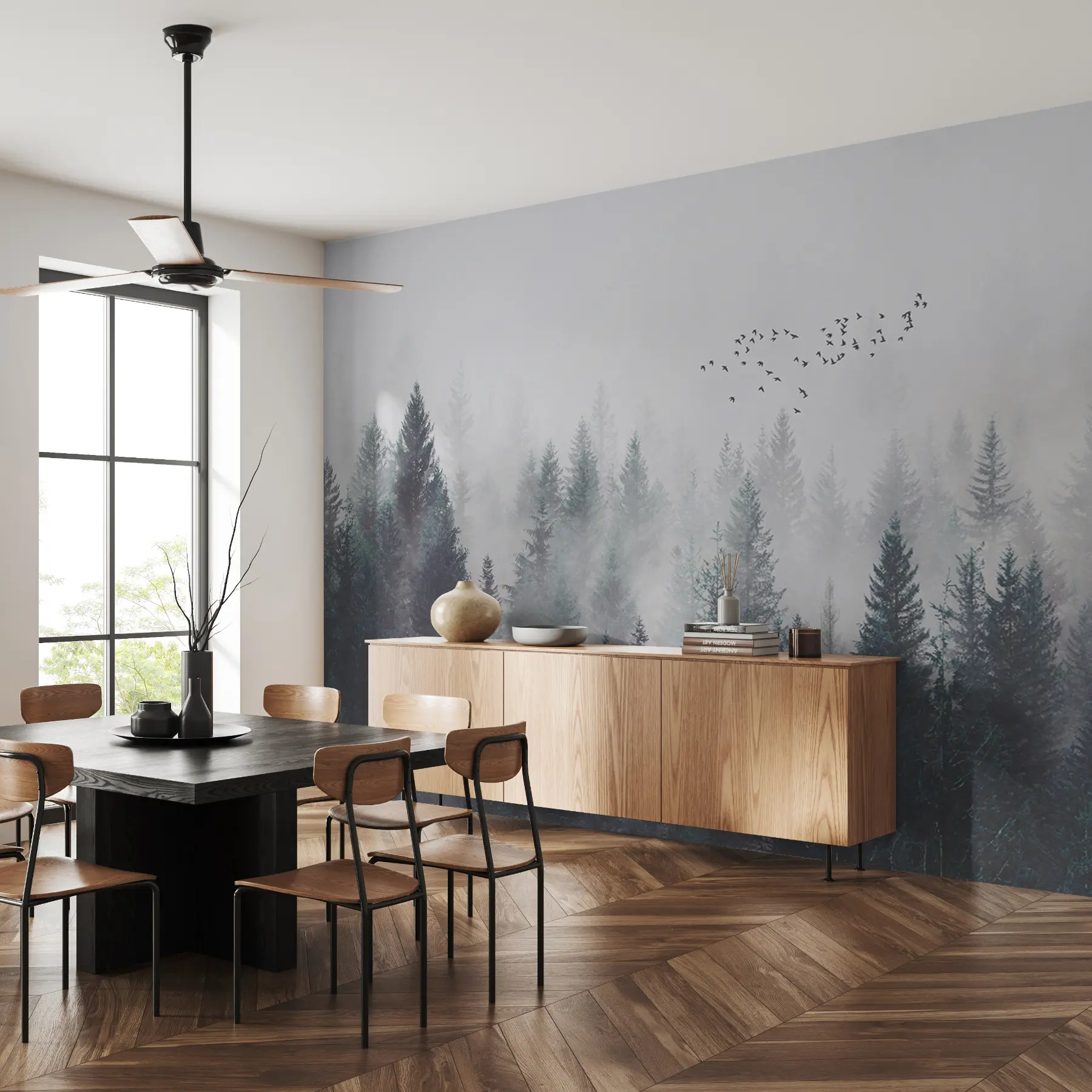 Fototapeedid Lendavad linnud üle uduse metsa u28636