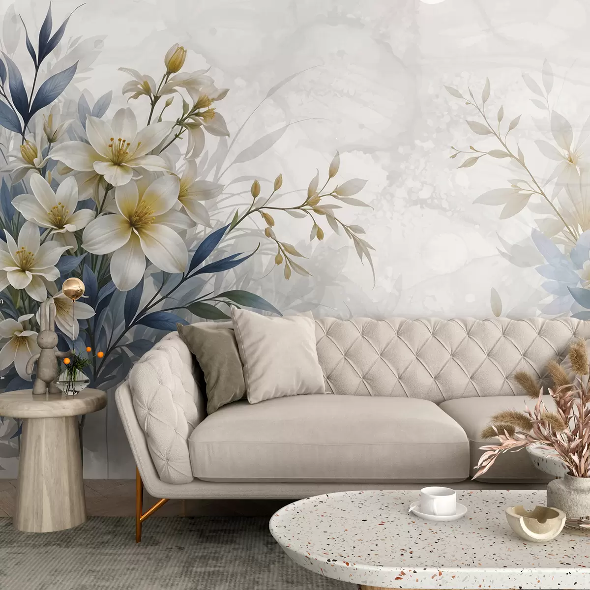 Fototapeedid Valge, beež ja sinine lillekimp koos õrnade lehtedega pehmel, hägusel taustal w08314