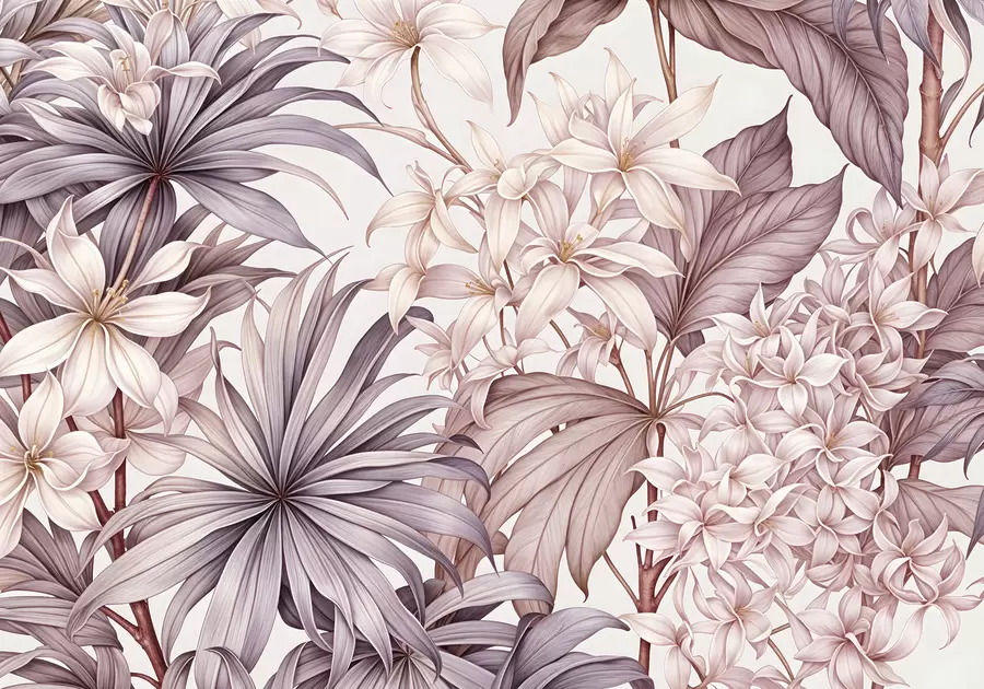 Fototapeedid Troopiline lilleline trükis suurte valgete ja heleroosade lillede, bordo lehe ja neutraalse taustaga w08318v1