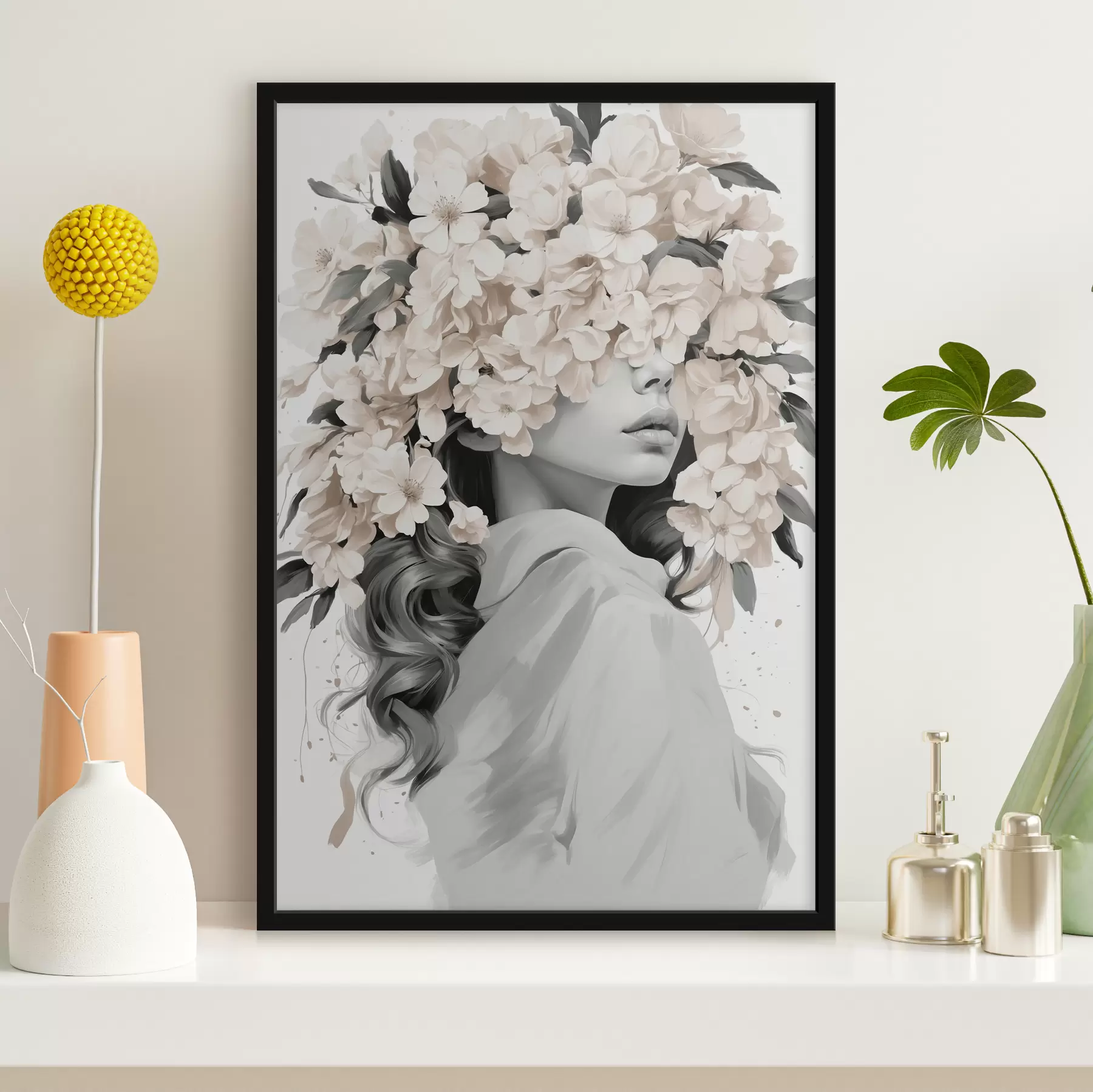 Pilt Tüdruk lilledega tema nägu musta ja valge värvi f40849