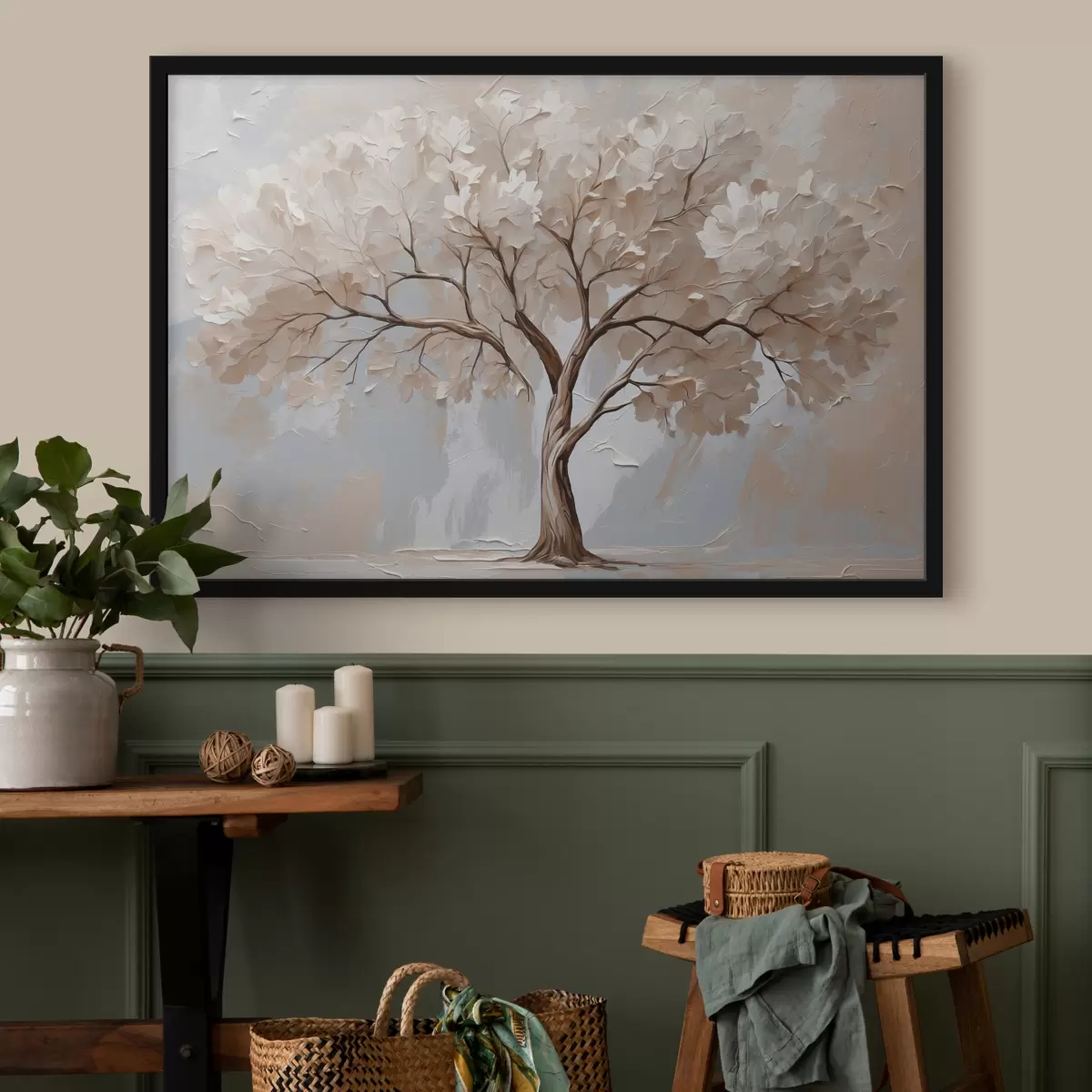 Plakat Valge puu abstraktsel õli taustal f40860