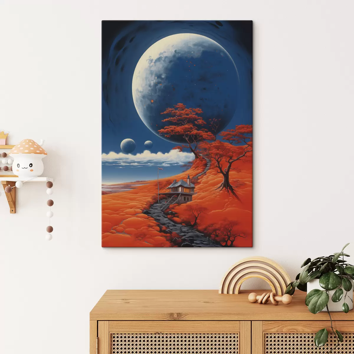 Pilt Kosmiline illustratsioon, planeedid, sinine taevas, maja mäel, puud s40946