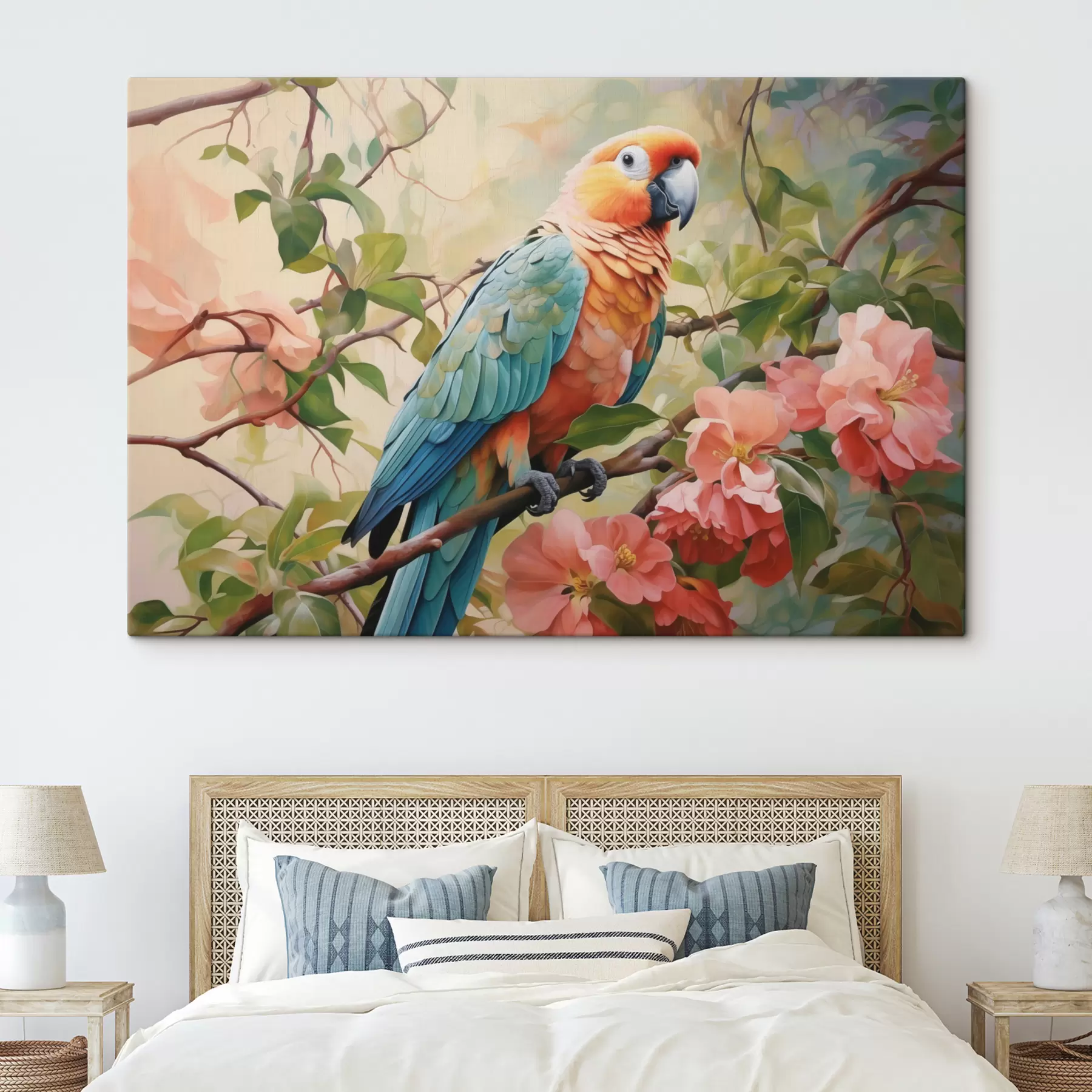 Fototapeedid Papagoi istub roosade lilledega oksal s41018