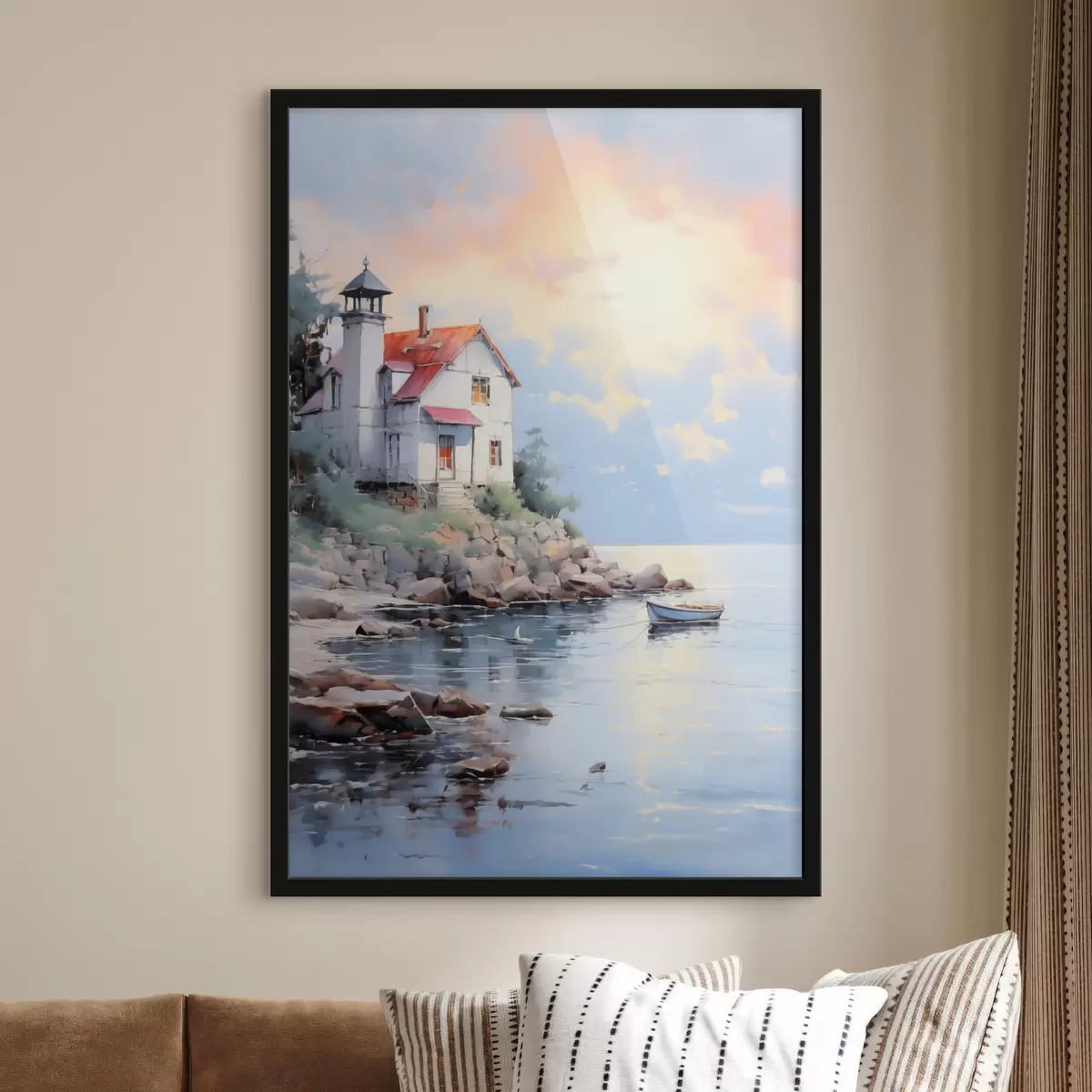 Plakat Maja rannas mere ääres päikeseloojangul f41010