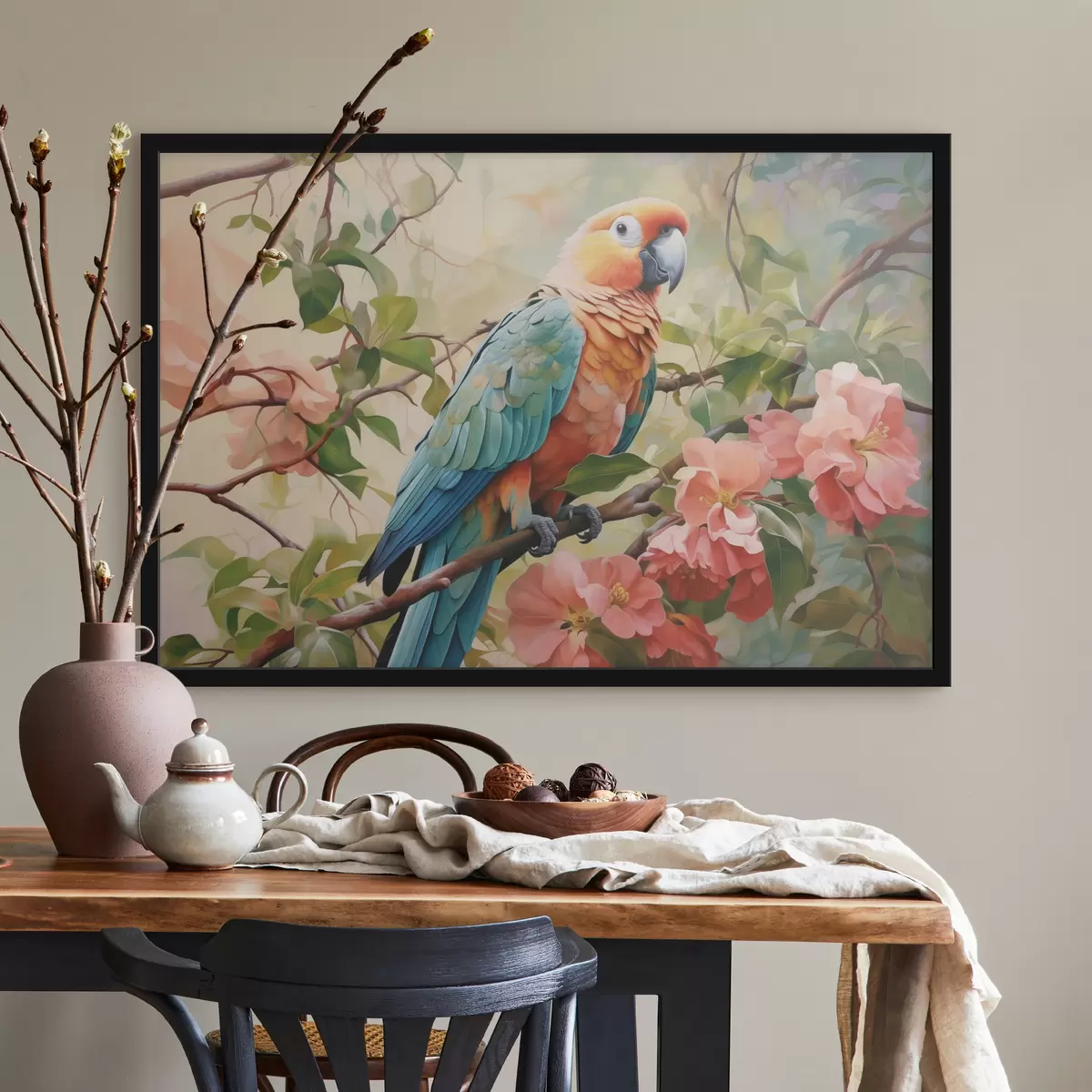 Plakat Papagoi istub roosade lilledega oksal f41018