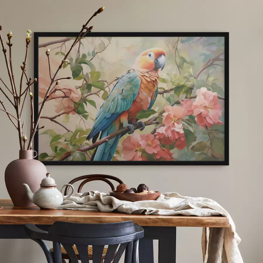 Fototapeedid Papagoi istub roosade lilledega oksal f41018