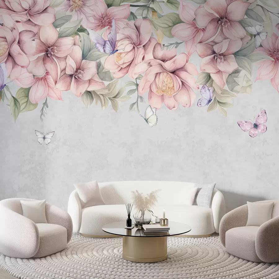 Fototapeedid Pehme roosa ja valge lilleline õrnade lillede ja lehtedega tekstuursel hallil taustal w08331