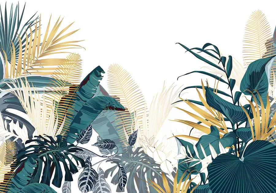 Fototapeedid Troopiline lopsakas roheline lehestik, sealhulgas palmilehed, sõnajalad ja muud eksootilised taimed tumerohelistes ja oranžides värvides w08338