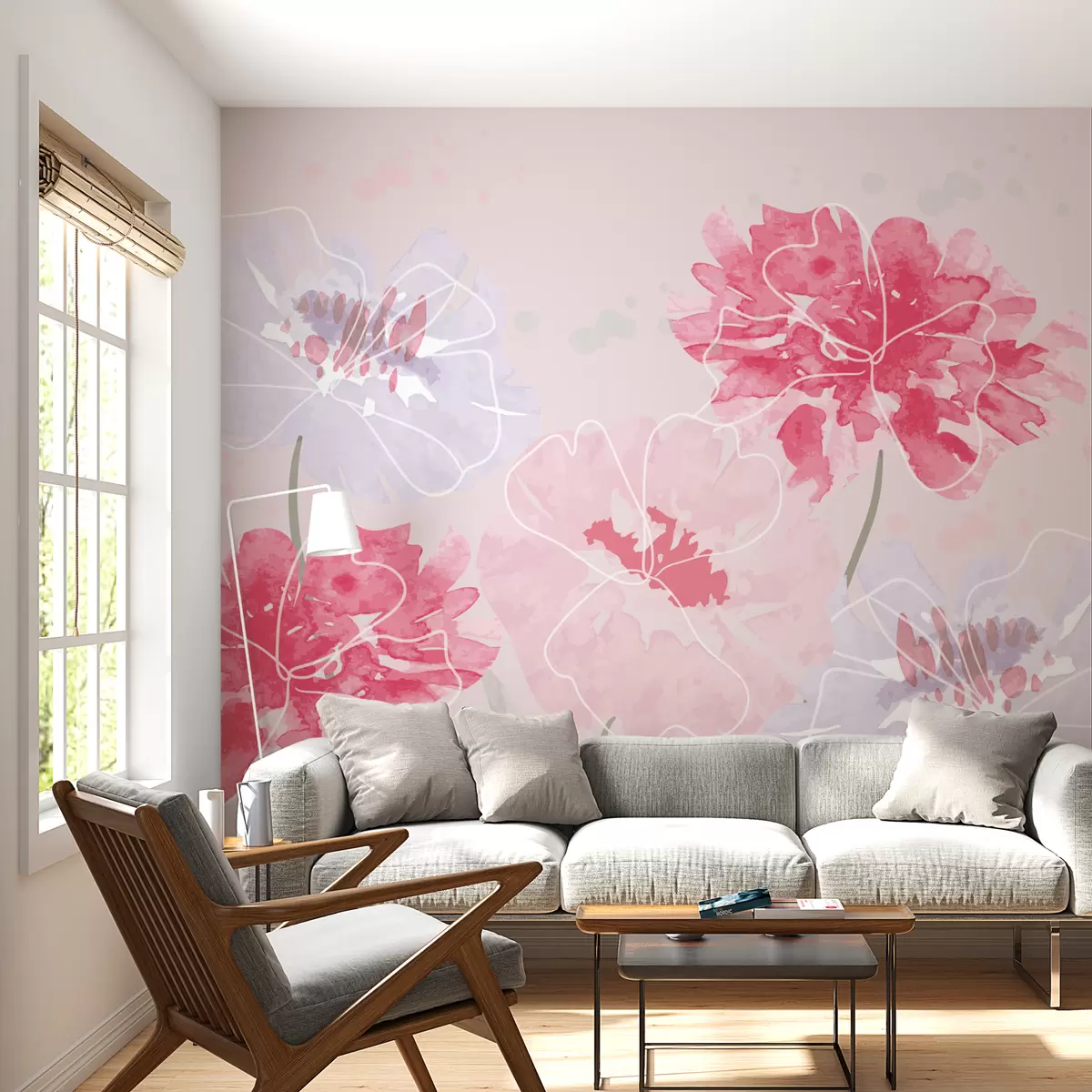 Fototapeedid roosa ja lillad lilled akvarelliga w01159