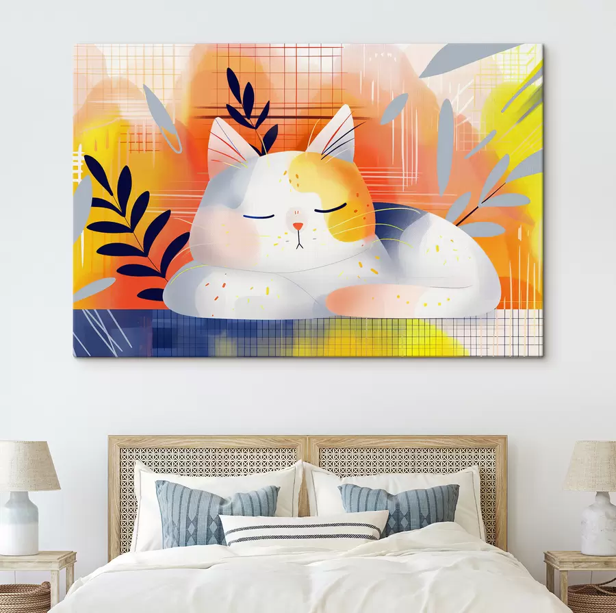 Pilt Armas kass, kes magab taimede vahel graafilises stiilis s40956