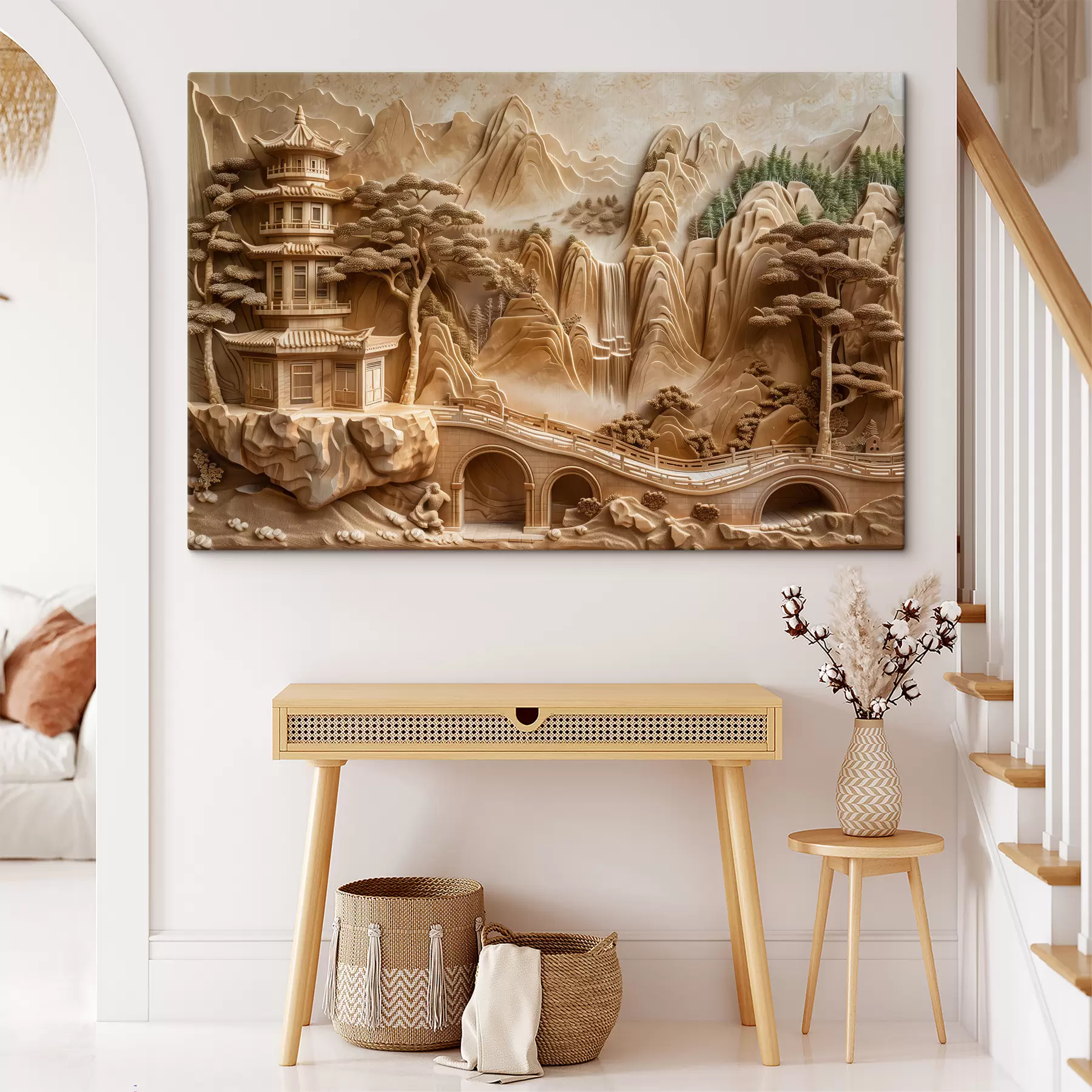 Fototapeedid Baisereljeefi imitatsioon: mäed koos puude, silla ja templiga, mitmekihiline s40989