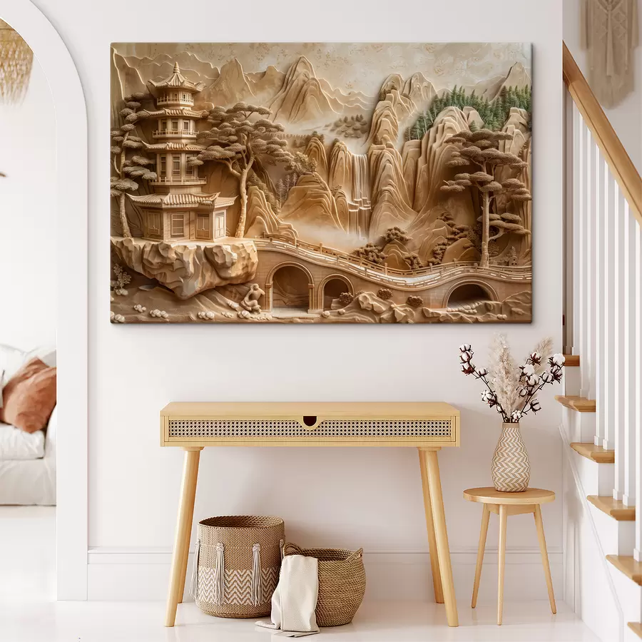 Pilt Baisereljeefi imitatsioon: mäed koos puude, silla ja templiga, mitmekihiline s40989