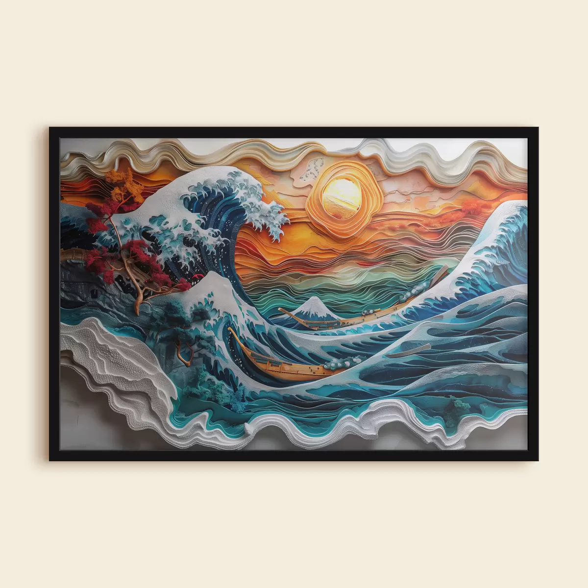 Plakat Baisereljeefi imitatsioon: tormiline ookean koos paatide ja päikesega f40976