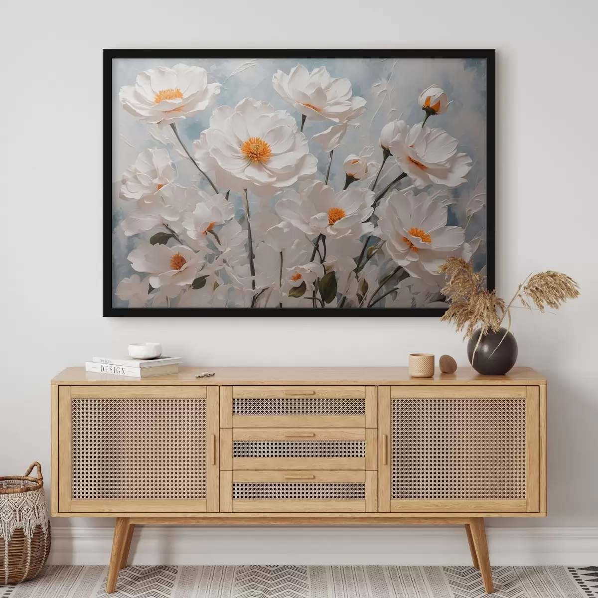 Plakat Valged lilled sini-valge õli taustal f41041