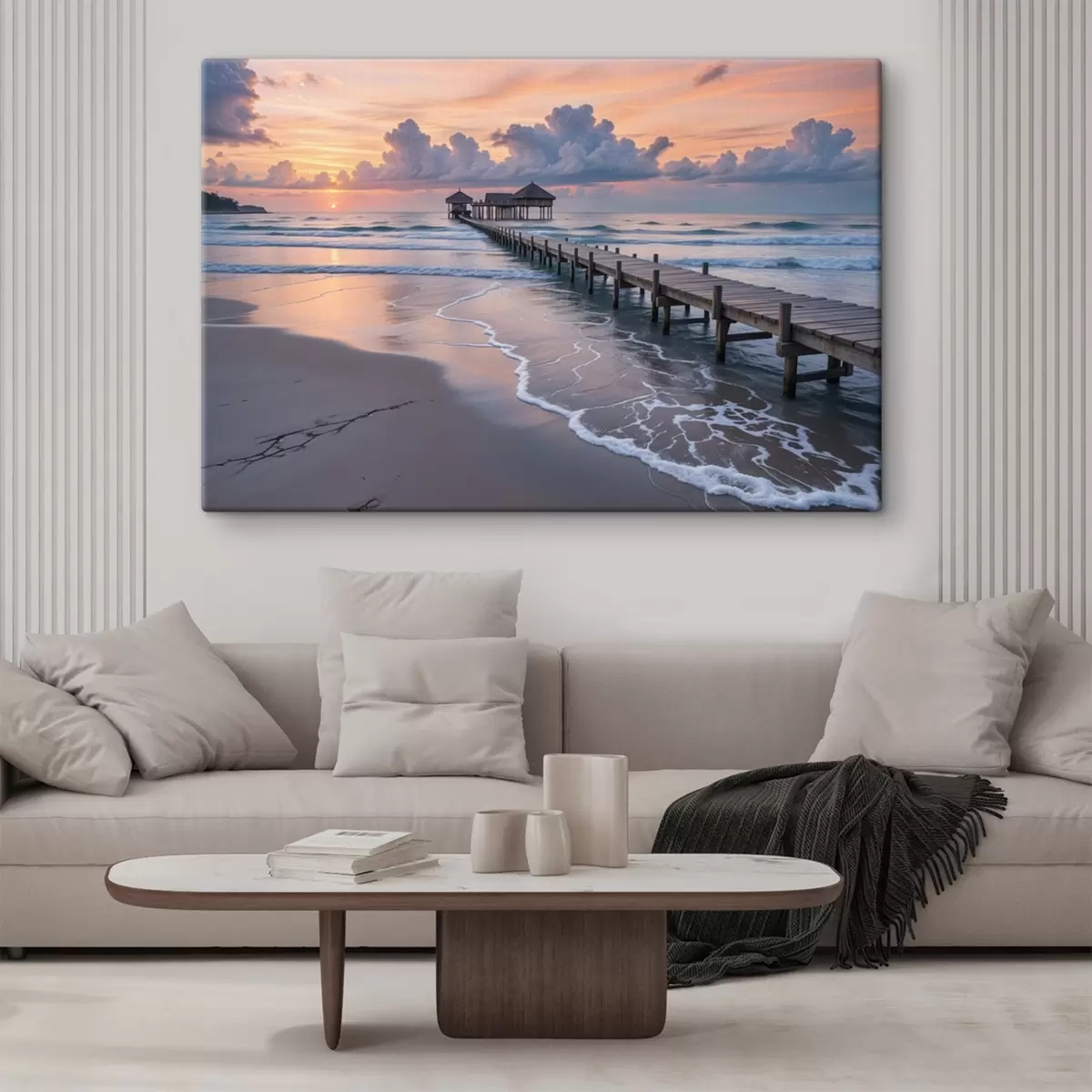 Pilt Puidust muuli, mis ulatub rahulikku ookeani päikeseloojangul koos värviliste pilvedega  s41091