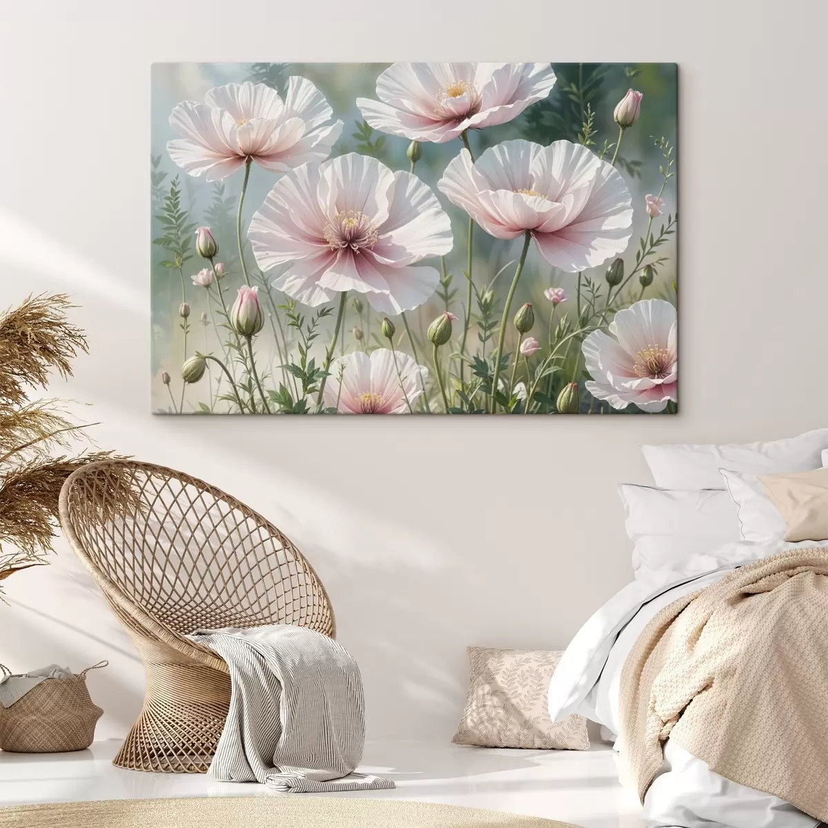 Pilt Õrnade, kahvaturoosade moonilillede põld, mille pehmed, vildakad kroonlehed on hägusel rohelisel taustal s41094