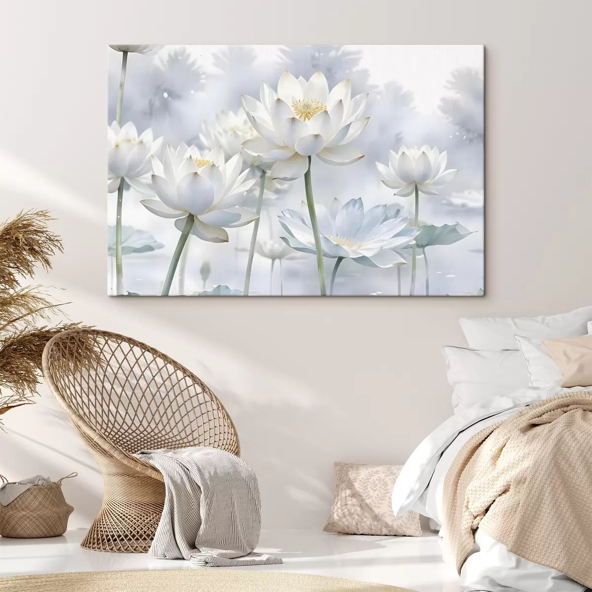 Pilt Valge pastellvärvi lootoslilled udusel abstraktsel akvarellitaustal s41100