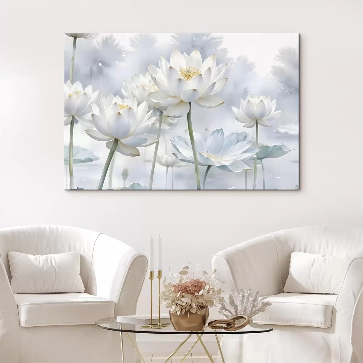 Pilt Valge pastellvärvi lootoslilled udusel abstraktsel akvarellitaustal s41100