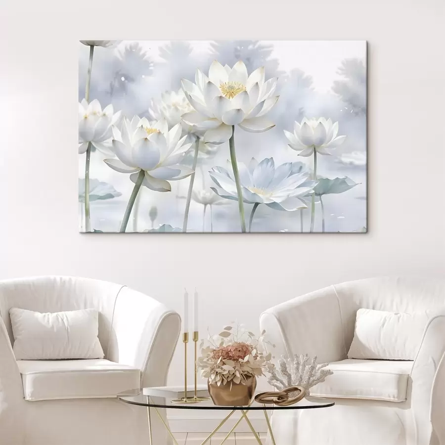 Pilt Valge pastellvärvi lootoslilled udusel abstraktsel akvarellitaustal s41100