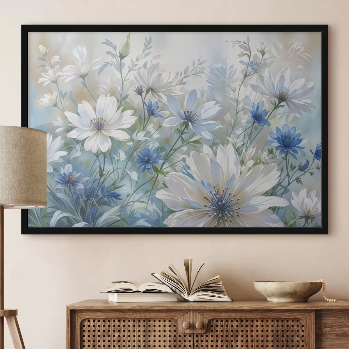 Plakat Valge ja sinine, roheliste lehtede ja varrega lillede väli pehmel, hägustatud taustal f41086