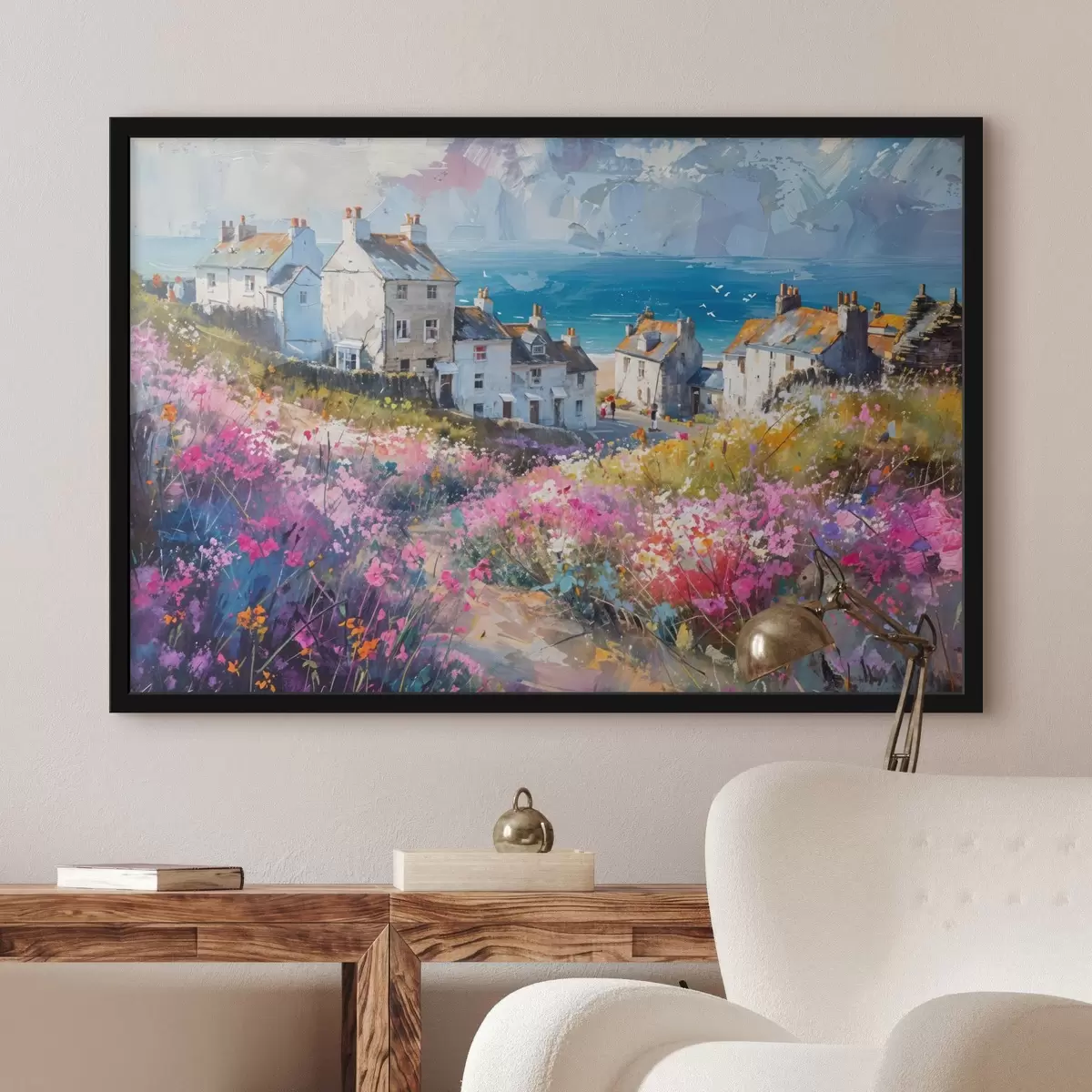 Plakat Värviline õlimaal rannikulinna valgete majade ja elava lilleaiaga esiplaanil f41090