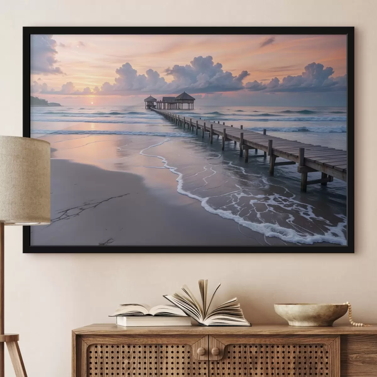 Plakat Puidust muuli, mis ulatub rahulikku ookeani päikeseloojangul koos värviliste pilvedega f41091