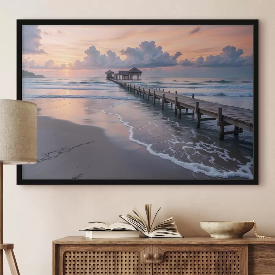 Fototapeedid Puidust muuli, mis ulatub rahulikku ookeani päikeseloojangul koos värviliste pilvedega f41091