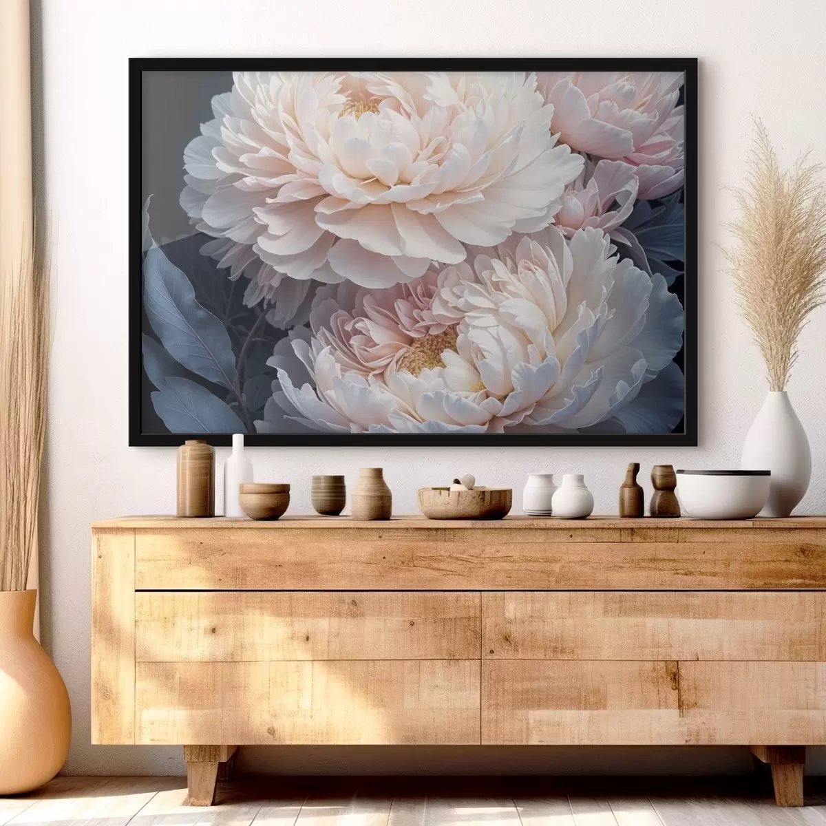 Plakat Õrnad pastellroosad pehmete, kohevate kroonlehtedega ja siniste lehtedega õrnad pioonid tumedal taustal f41092