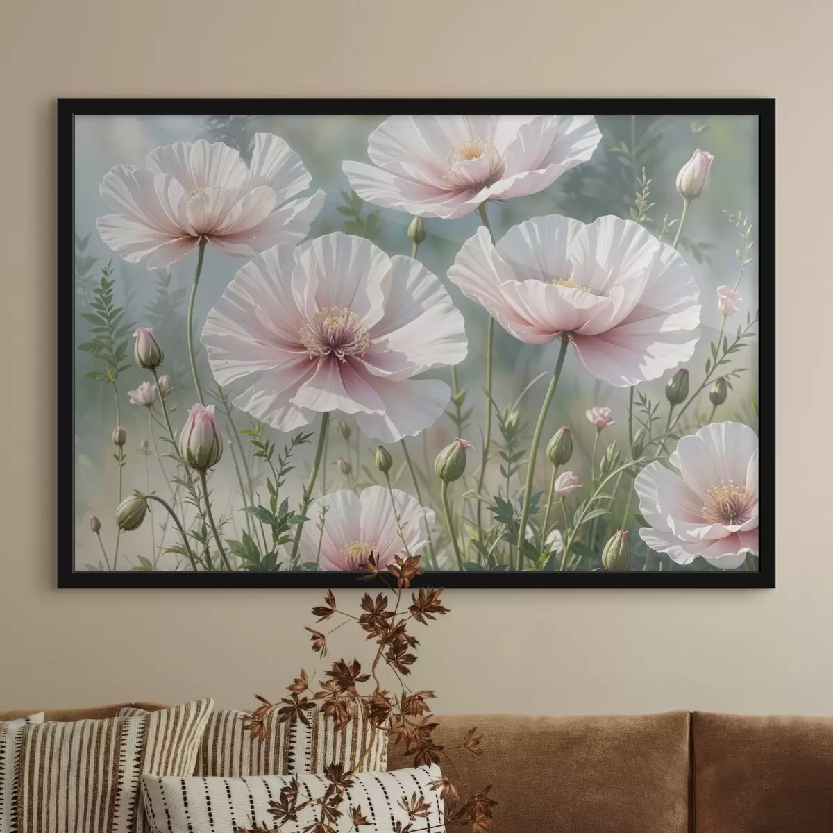 Plakat Õrnade, kahvaturoosade moonilillede põld, mille pehmed, vildakad kroonlehed on hägusel rohelisel taustal f41094