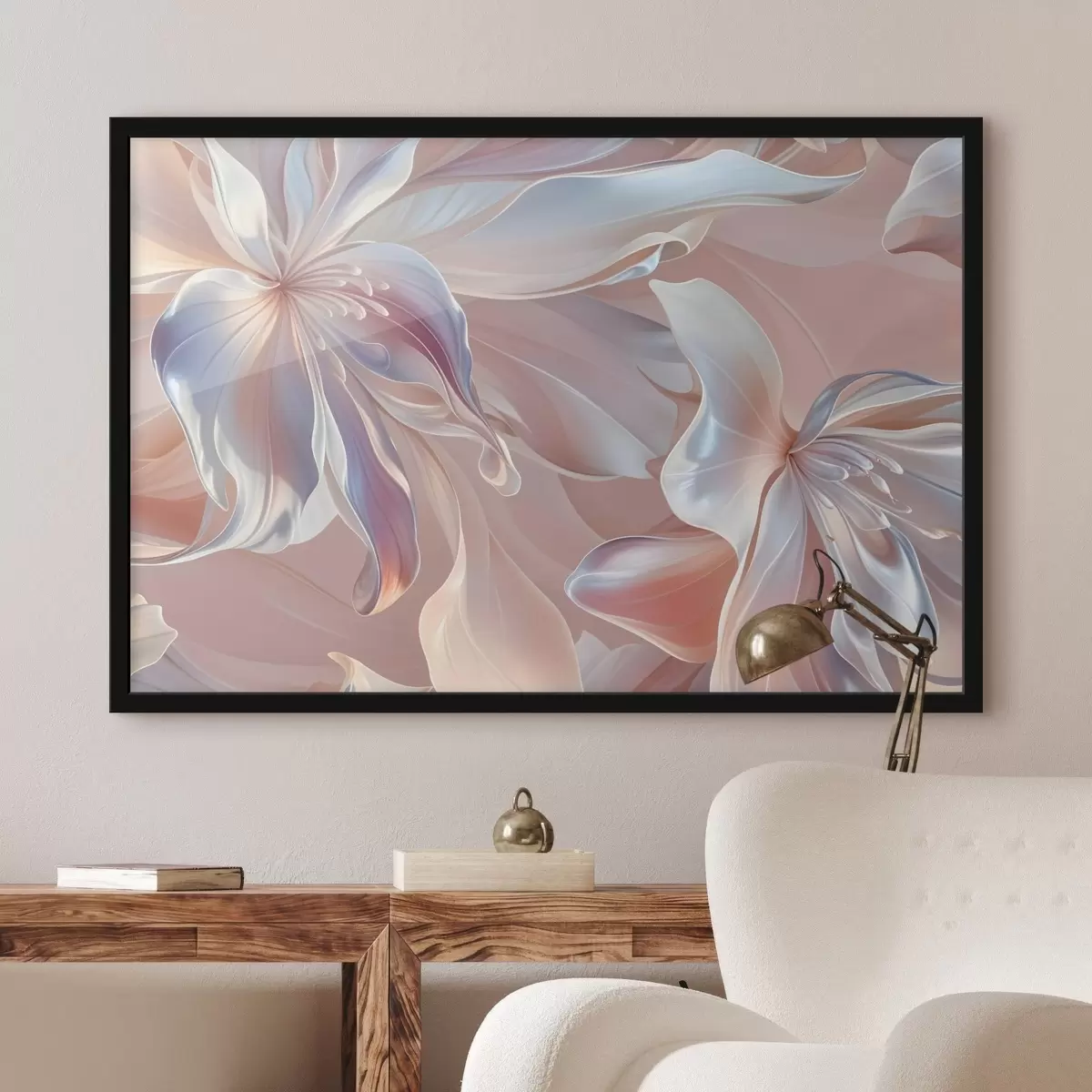 Plakat Õrnad, pastelsete värvidega lilleõied voolavate vormide ja tekstuuridega, mis loovad abstraktse lillekompositsiooni f41098