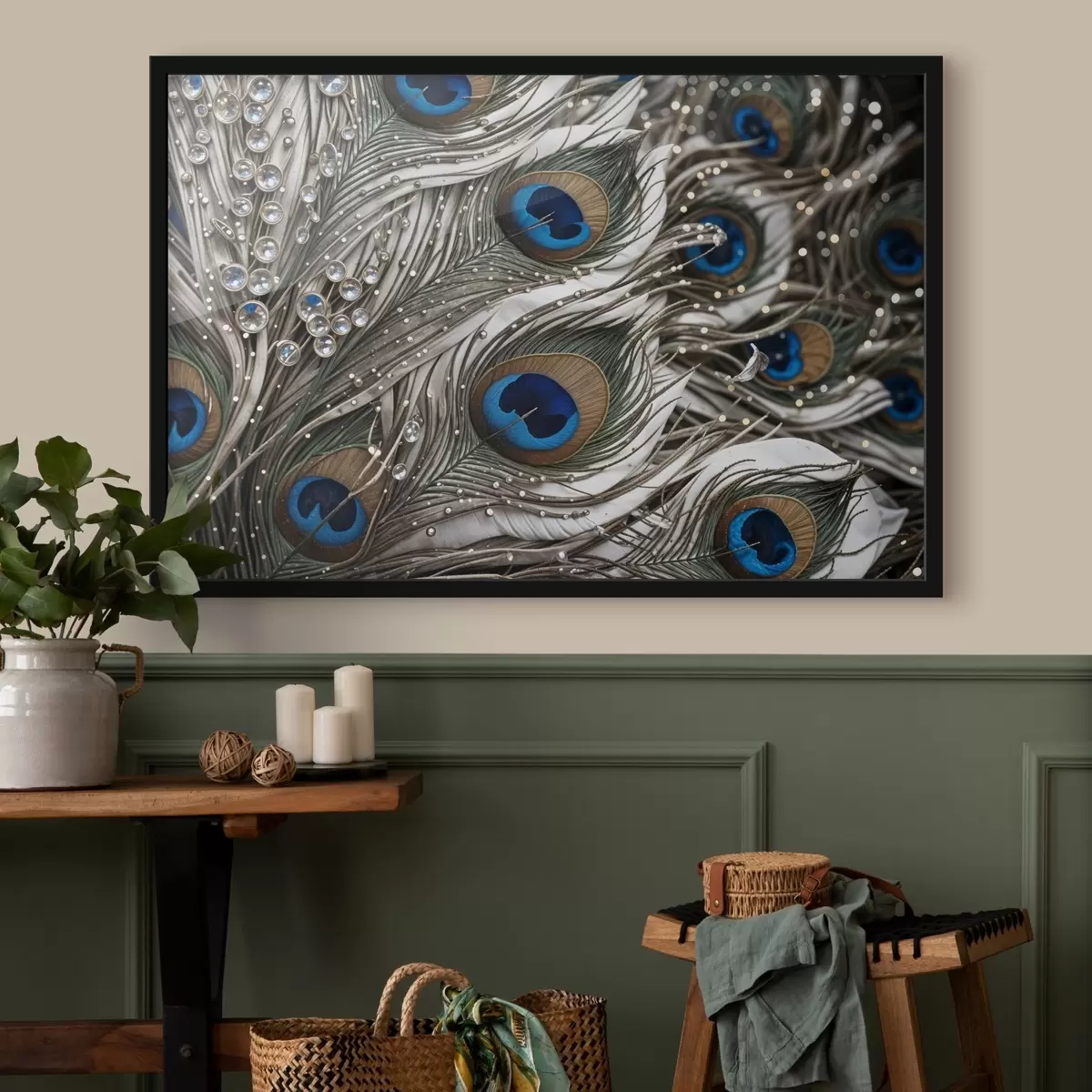 Plakat Elavatest, keeruliste mustritega ja silmatorkavate siniste mustritega paabulinnusulgedest f41103