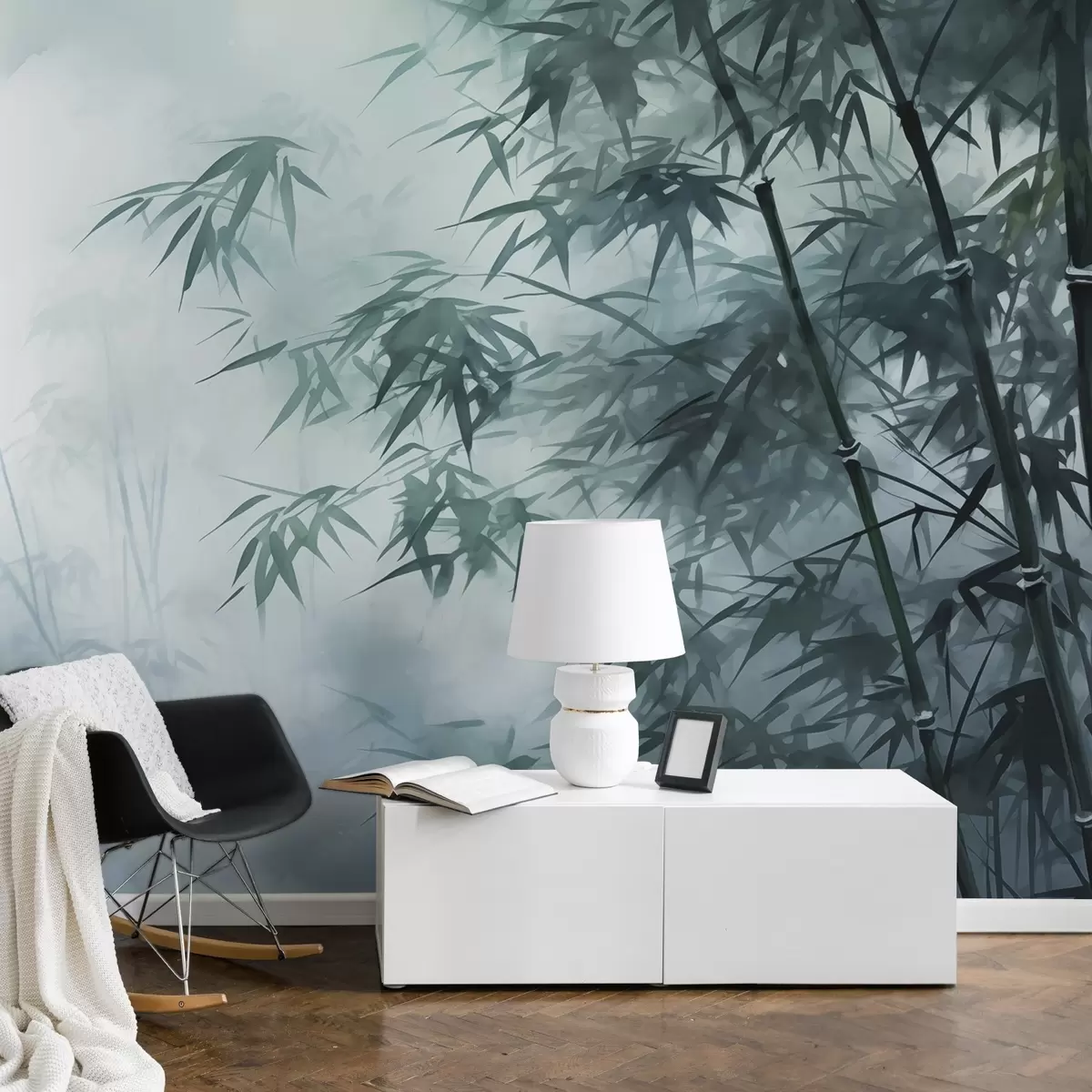 Fototapeedid Bambuse varred tumeda udu taustal märg akvarell w01863