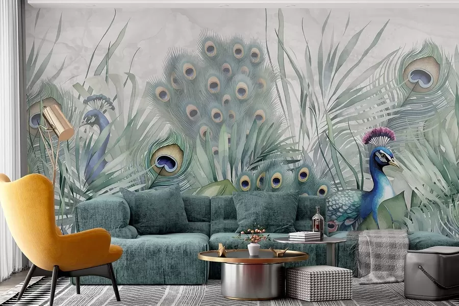 Fototapeedid Paar värvilist paabulindu, mida ümbritsevad lopsakad akvarellrohelised lehed ja elurõõmsad lilled halli taustaga w08345