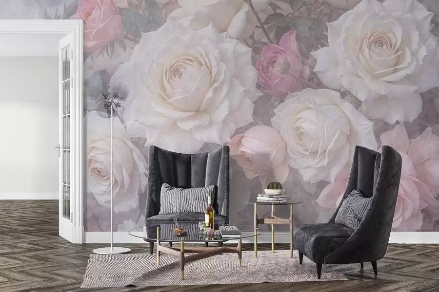 Fototapeedid Pehmed, pastelsetes toonides roosid ja ploomid hägusel, uduhallil taustal w08352