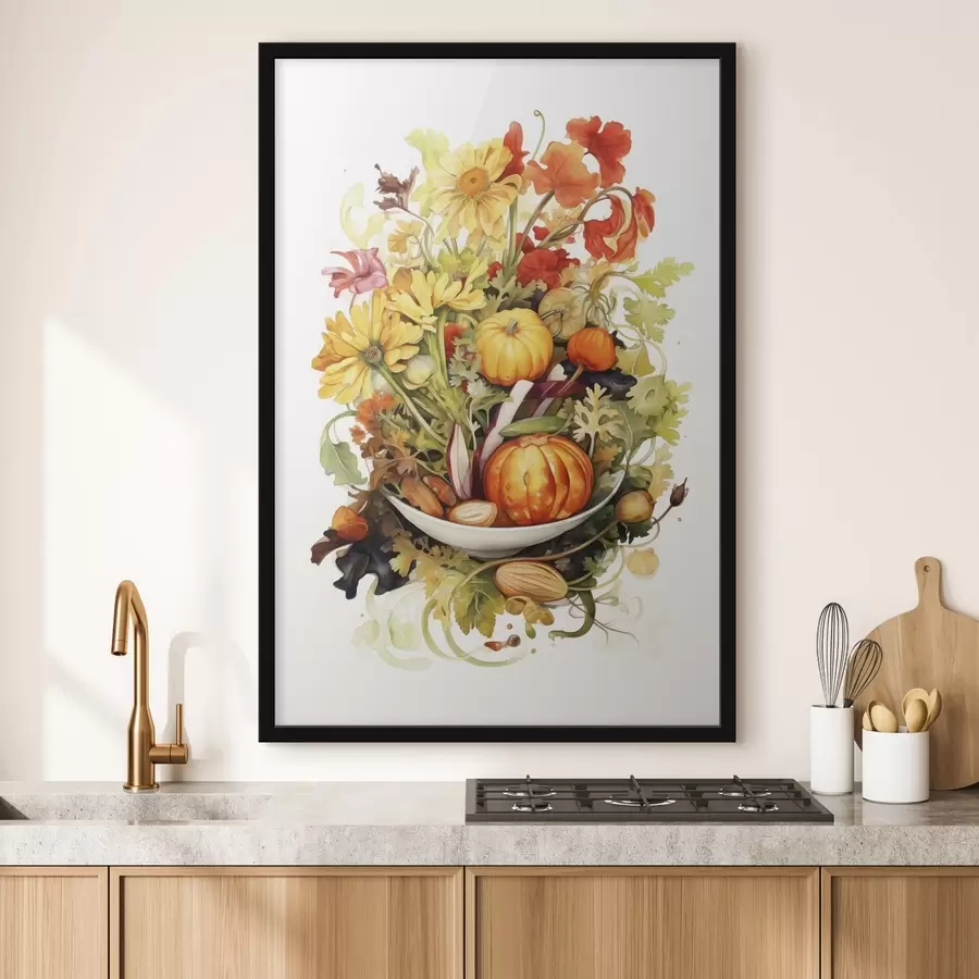 Fototapeedid Sügisene saak, akvarellköögiviljad, kõrvitsad, lilled f41172