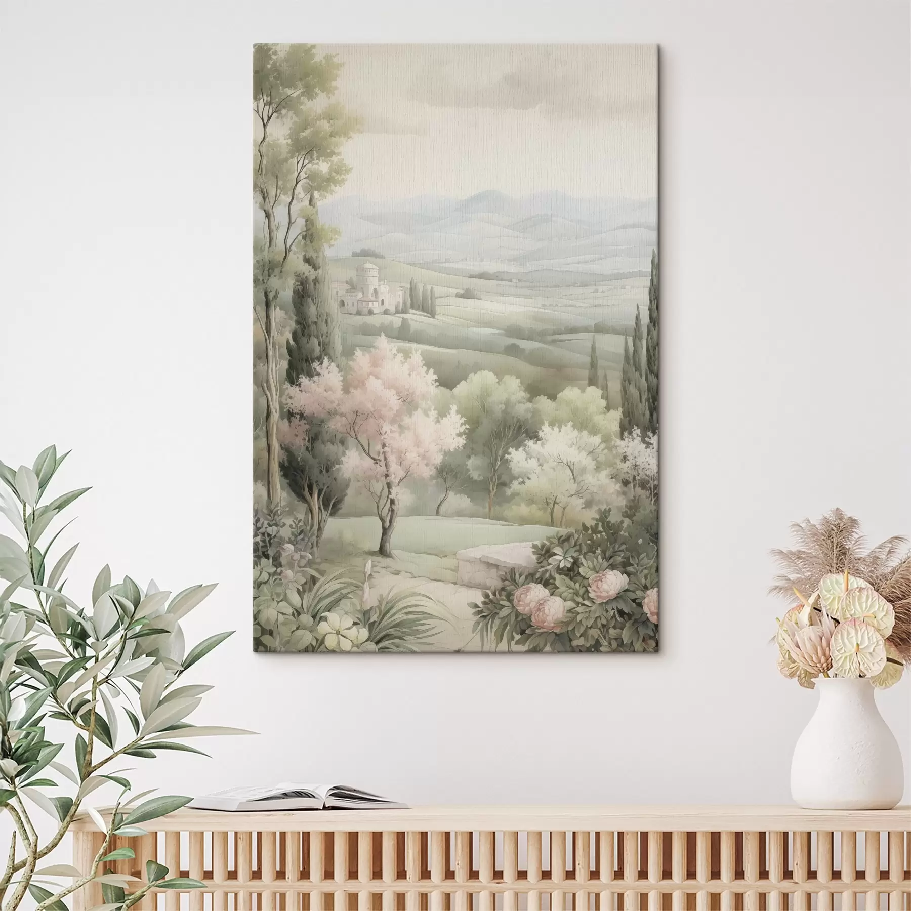 Fototapeedid Akvarell loodus, pehmed värvid, roosid, puud, rohelised mäed s41223