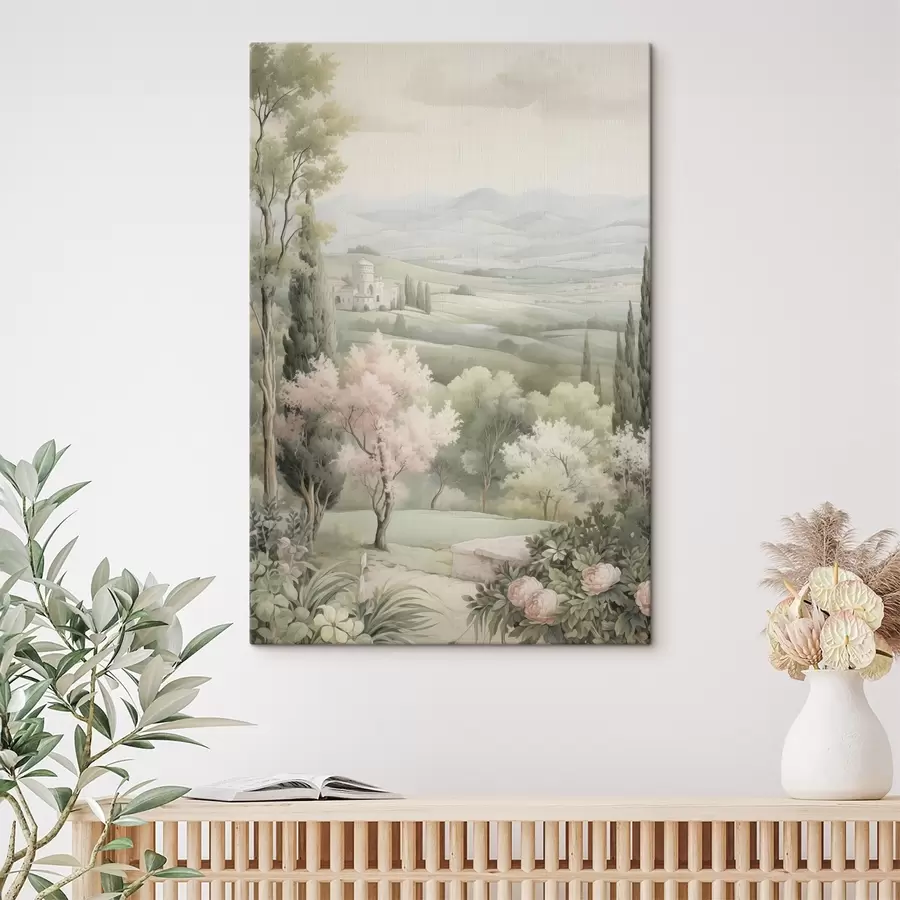 Pilt Akvarell loodus, pehmed värvid, roosid, puud, rohelised mäed s41223