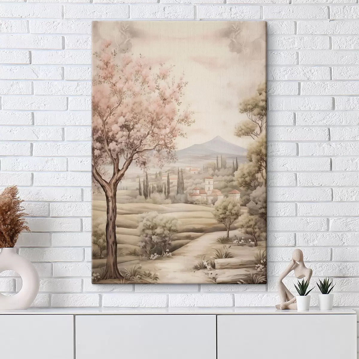 Pilt Akvarell mäed, õitsevad kirsipuu, loss, rustikaalne stiil s41225