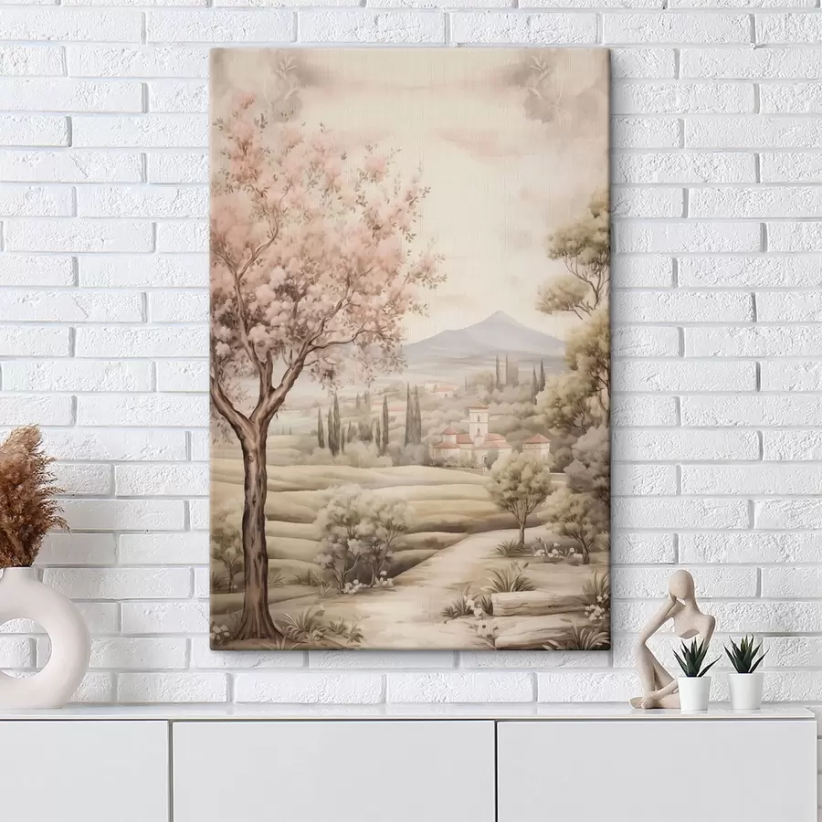 Pilt Akvarell mäed, õitsevad kirsipuu, loss, rustikaalne stiil s41225