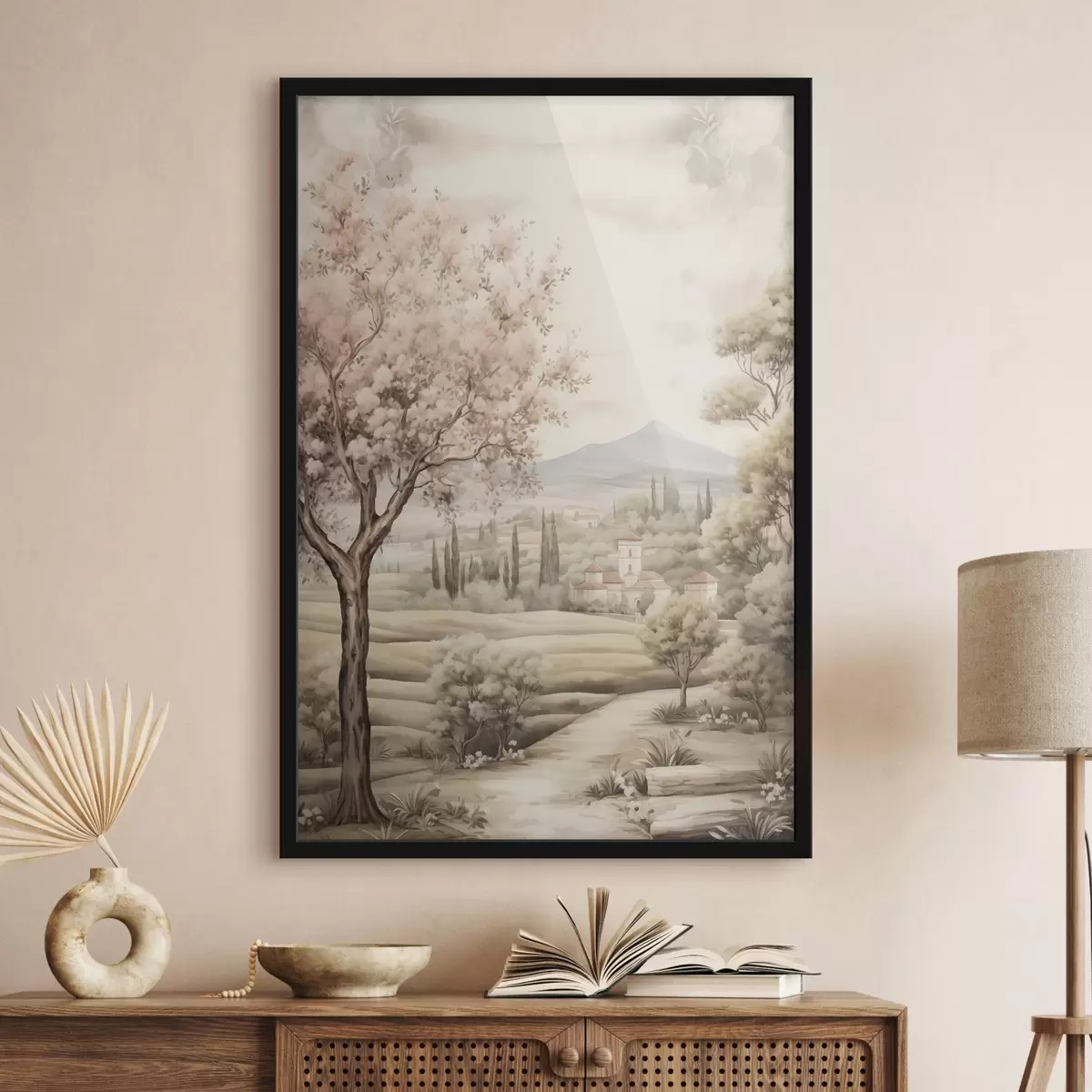 Plakat Akvarell mäed, õitsevad kirsipuu, loss, rustikaalne stiil f41225