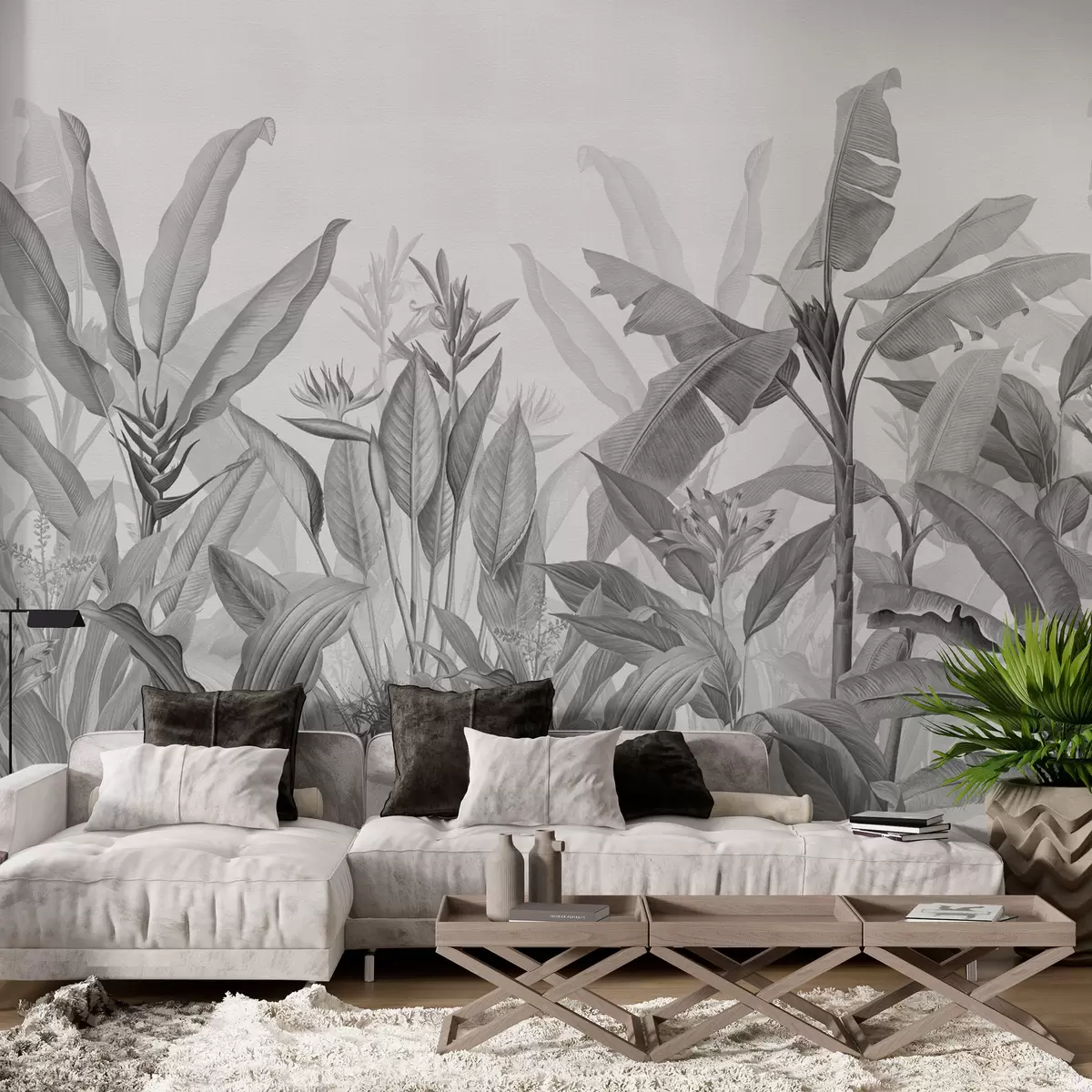 Fototapeedid Must-valged troopilised lehed ja lilled heledal taustal w01834v3