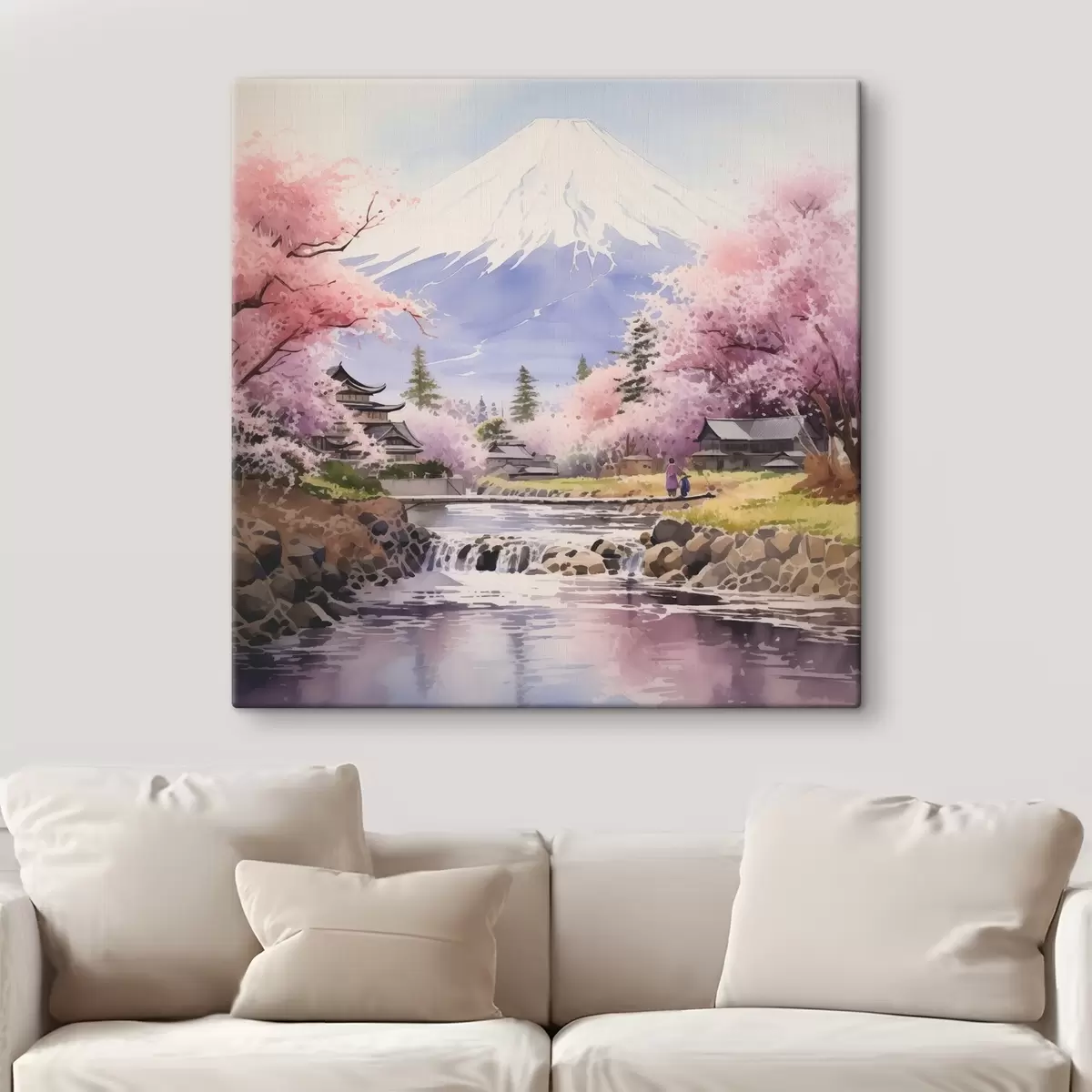 Pilt Fuji mäe jõe ääres õitsevad kirsiõied s38948