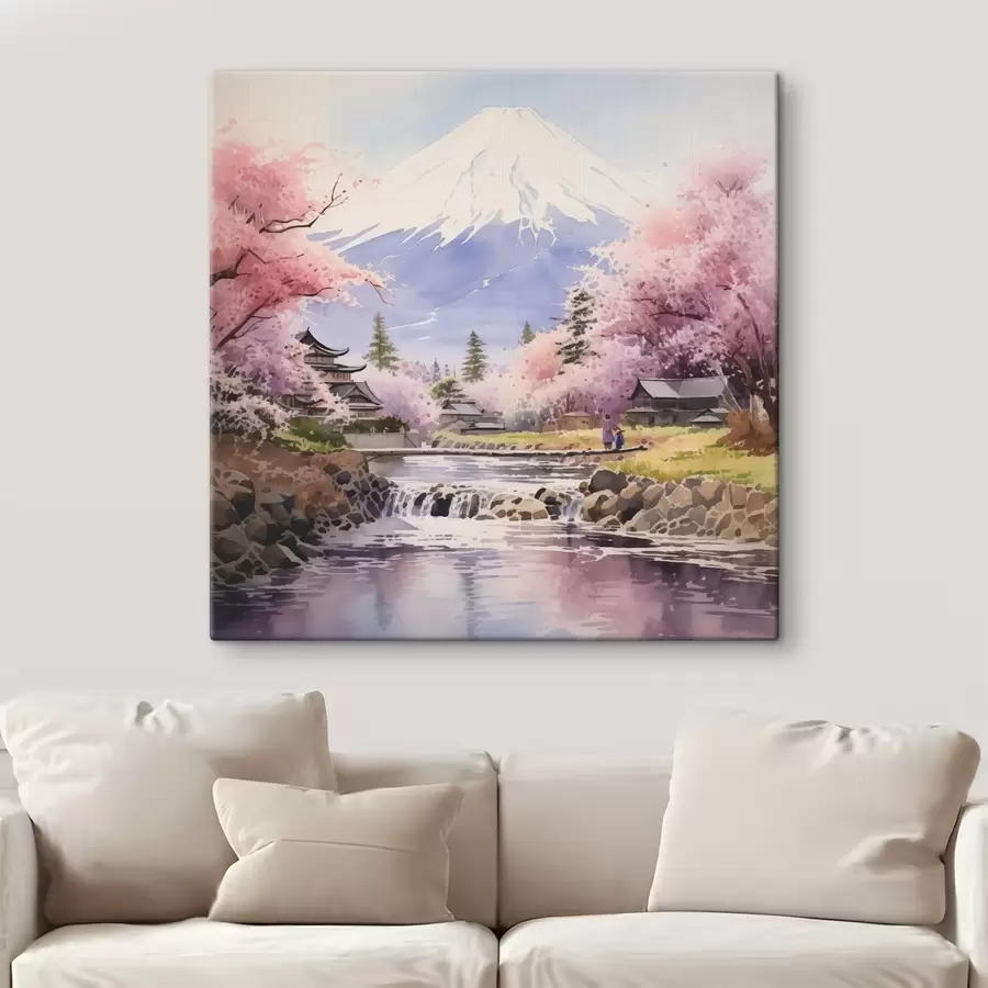 Pilt Fuji mäe jõe ääres õitsevad kirsiõied s38948