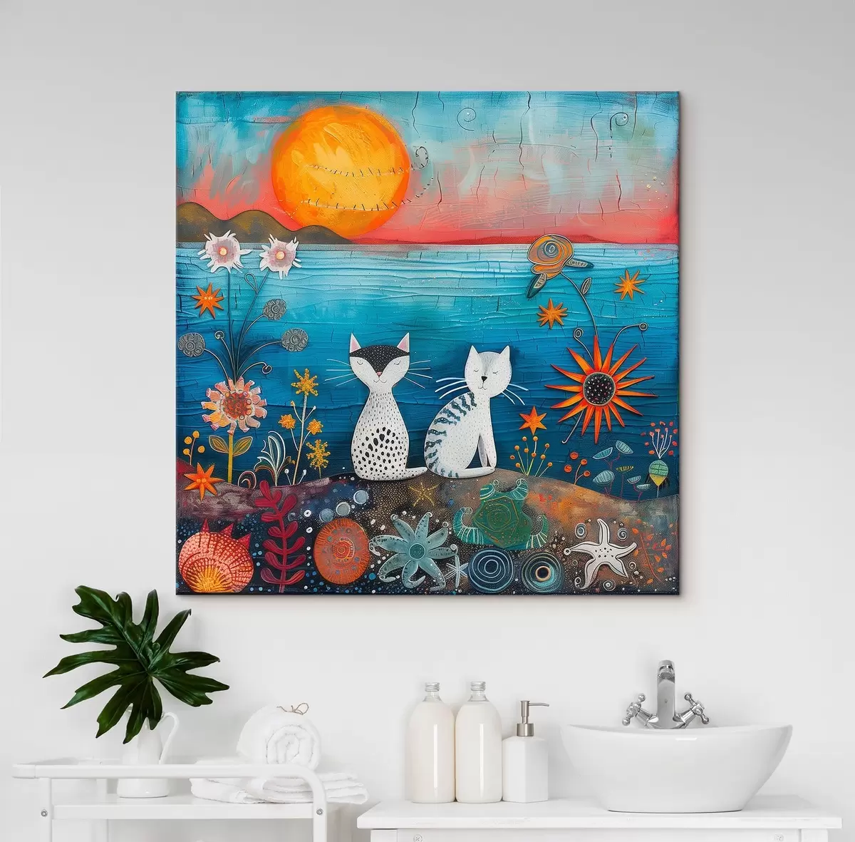 Pilt Kassid päikeseloojangul, värvikad lilled s39085