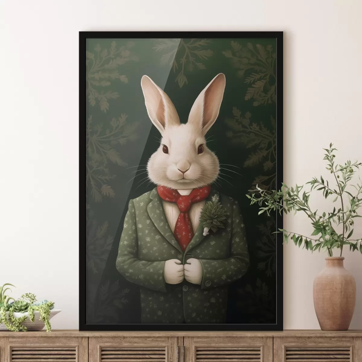 Plakat Valge jänes rohelise ülikonna ja punase lipsu illustratsiooniga f41278