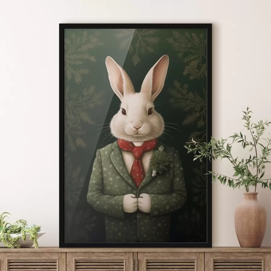 Fototapeedid Valge jänes rohelise ülikonna ja punase lipsu illustratsiooniga f41278