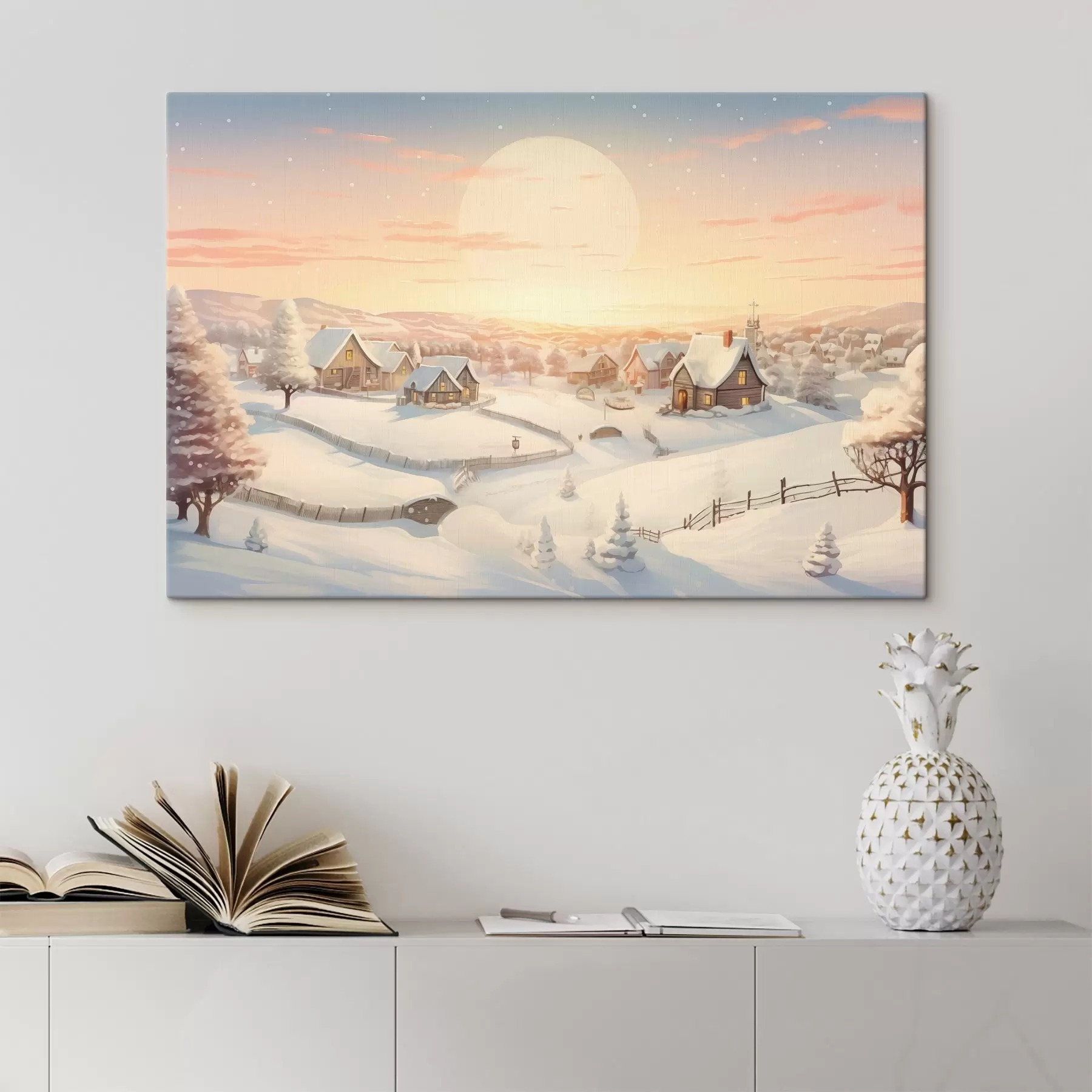 Fototapeedid Talvine küla päikeseloojangul, lumega kaetud majad, männid s41380