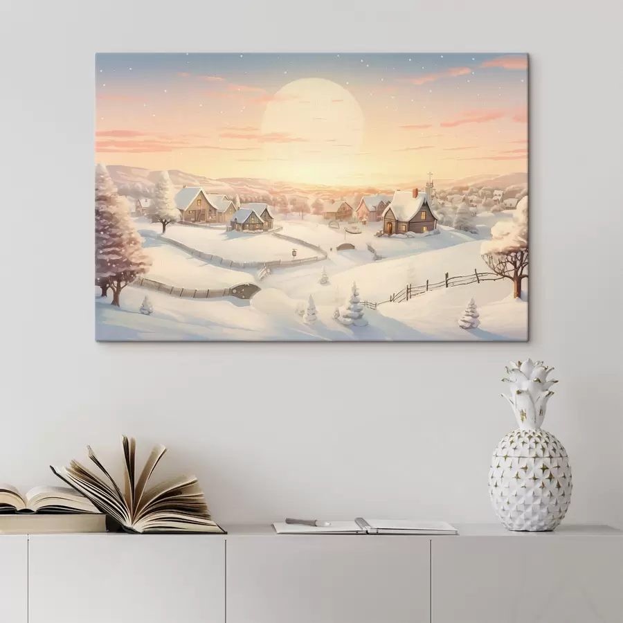 Fototapeedid Talvine küla päikeseloojangul, lumega kaetud majad, männid s41380